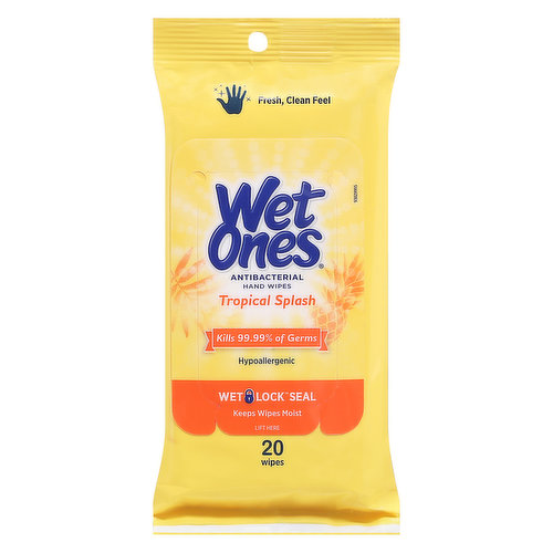 Fresh, clean feel. Kills 99.99% of germs. Hypoallergenic. Wet lock seal. Keeps wipes moist. Pediatrician tested. Hypoallergenic paraben free. America's No.1 hand wipe (based on Nielsen scan data for 52 weeks ending 1/5/19). Wet Ones Antibacterial Hand Wipes kill 99.99% of germs and wipe away dirt, providing a better clean than hand sanitizers. They are specially formulated to be tough on dirt and germs, yet gentle on skin, so you can confidently keep your hands fresh and clean when soap and water are not available. Wet Ones travel packs are the perfect size for a fresh start anywhere.