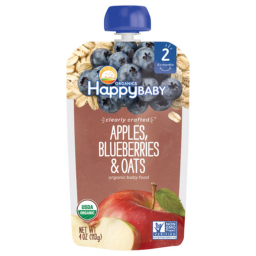 Happy Baby Organics Baby Food, Organic, Apples, Blueberries & Oats, 2 (6+ Months)