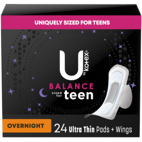 U By Kotex Teen Thin Feminine Pads with Wings, Overnight, Unscented