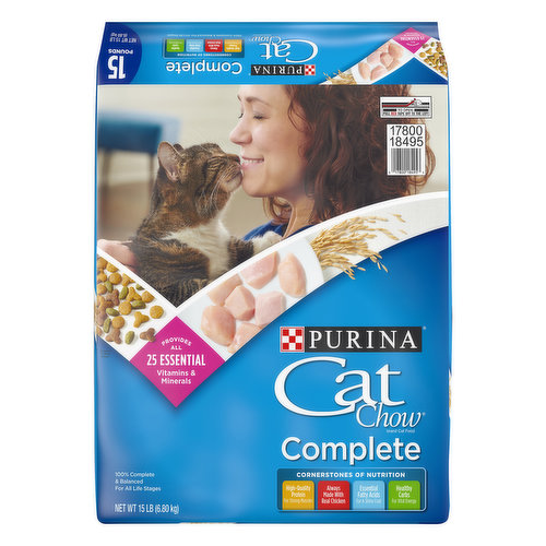 (calculated)(ME): 3801 kcal/kg, 405 kcal/cup. Purina Cat Chow Complete is formulated to meet the nutritional levels established by the AAFCO Cat Food Nutrient Profiles for all life stages. Provides all 25 essential vitamins & minerals. 100% complete & balanced for all life stages. Cornerstones of Nutrition: High-quality protein for strong muscles. Always made with real chicken. Essential fatty acids for a shiny coat. Healthy carbs for vital energy. How do you find a perfect balance for your cat? The chow is how. Healthy carbs for vital energy. Essential fatty acids for a shiny coat. Always made with real chicken and a taste cats love. Trusted Nutrition: Checked for quality and safety. Purina: Your pet, our passion. The Purina Promise Pets are our passion. Safety is our promise. Progress is our pledge. Follow us at Purina.com purina.com. how2recycle.info. myperks.catchow.com. Twitter. Facebook. Every ingredient has a purpose. PurinaCatChow.com/Ingredients. We're listening. Visit us online at Purina.com or call 1-888-CATCHOW (1-888-228-2469) Reward Both of You: Sign up for My Purina Cat Chow Perks and earn points towards great rewards like coupons and swag. My Perks: myperks.catchow.com. Proven Recipes: Each Cat Chow formula is thoughtfully designed to deliver complete nutrition and a flavor cats love. Find the right one for your cat. Crafted in Purina-owned facilities in the USA. Printed in USA. Crafted in USA facilities.