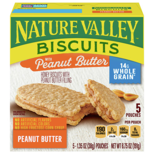Crunchy. Creamy. Gone. These crispy biscuits are made with whole grain oats and topped with creamy peanut butter, coconut butter or almond butter filling for a mess-free on-the-go snack. Convenient treat for snack time, during breakfast, or an invigorating treat. No High Fructose Corn Syrup, No Artificial Flavors, and 0g of Trans Fat. A portable snack perfect for the pantry, lunch box, and hiking trail. At Nature Valley, we believe that what you put in is what you get out. So when you need to be great out there, you can rely on us for real energy, wherever and whenever you need it. Energy you can depend on. Contains 5 pouches in total.