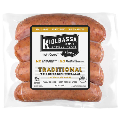 Kiolbassa Sausage, Pork & Beef, Hickory Smoked, Traditional