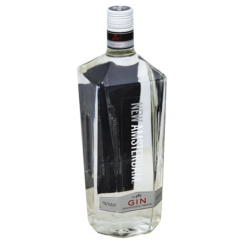 Exceptionally smooth. 100% pure grain neutral spirits. Luxury blend. A modern, American gin. Refreshingly balanced with citrus, subtle hints of juniper, and sophisticated notes of angelica. It's smooth enough to drink straight. Distinctive enough to enhance any cocktail. Welcome to New Amsterdam. Contact us: 1-877-879-2446. NewAmsterdamSpirits.com. 40% alc. by vol. (80 proof).