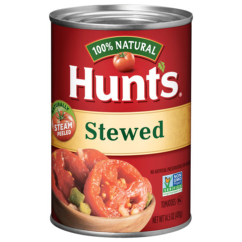 No artificial preservatives or ingredients. 100% natural. Proudly grown. 1888. Proudly Grown: At Hunt's we steam peel our tomatoes with simple hot water. That means no chemicals, like lye (Lye peeling is generally recognized as safe by the FDA and has no adverse effects on the healthfulness of tomatoes), are ever used to peel our tomatoes. Our tomatoes are vine ripened and picked at the peak of ripeness because we know great tasting meals start with great ingredients. Cook confidently! Non BPA liner.