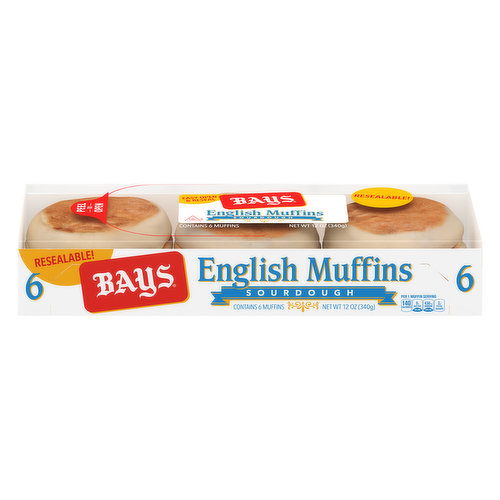 Per 1 Muffin Serving: 140 calories; 0 g sat fat (0% DV) 430 mg sodium (19% DV); 2 g total sugars. Since 1933 Bays English Muffins have been made with quality ingredients, resulting in the rich, wholesome flavor and delightful texture that they're known for this day. Made from the original family recipe, they crisp up golden brown and crunchy on the outside, soft and tender on the inside. While they are legendary for breakfast, they are also a great way to build a sandwich for lunch, a mini meal at dinner, a bun for your burger or a delicious snack anytime of day. For added convenience, they come pre-sliced and ready to go. And because freshness matters, from our bakery to your kitchen, we do everything possible to guarantee that any meal is better with Bays. Presliced. 100% yum. www.bays.com SmartLabel: Scan for more food information. For more inspiring meal ideas, or if you have questions about our product, visit www.bays.com or call 1-800-For-Bays. Now resealable!