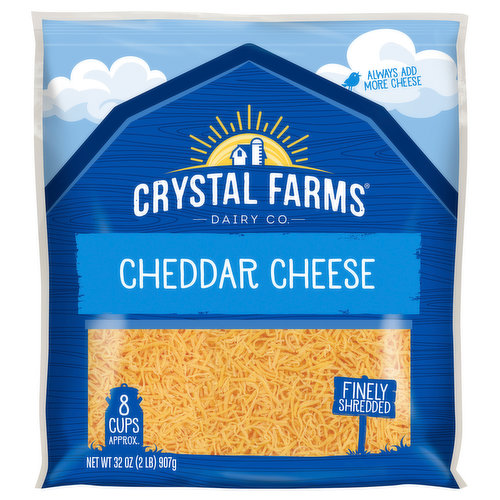 Always add more cheese. 8 cups approx. Crystal Farms for Farm and Family: With this purchase of this product, you're joining the Crystal Farms family and supporting farm families throughout the Heartland. At Crystal Farms, we source from dairy farmers across the Midwest to help them, and the co-ops they are a part of, thrive. We believe sourcing from family-owned dairy farms helps us deliver the quality cheese your family deserves. Learn more about our support of Farm and Family at crystalfarmscheese.com.