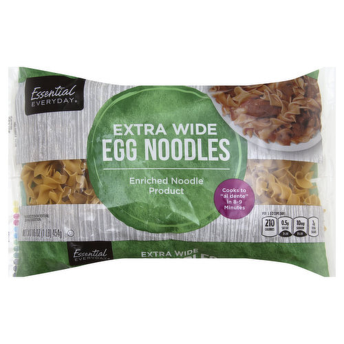 Enriched noodle product. Cooks to al dente in 8-9 minutes. Per 1-1/2 Cups Dry: 210 calories; 0.5 g sat fat (3% DV); 10 mg sodium (0% DV); 2 g total sugars. Great products at a price you'll love - that's Essential Everyday. Our goal is to provide the products your family wants, at a substantial savings versus comparable brands. We're so confident that you'll love Essential Everyday, we stand behind our products with a 100% satisfaction guarantee. 100% Quality Guaranteed: Like it or let us make it right. That's our quality promise. essentialeveryday.com. Product of USA.