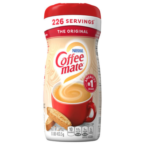 226 Servings (About 226 2 gram servings). America's no. 1 creamer (Based on total dollar sales by brand). Classic for a reason. Original Coffee mate takes your coffee beyond good - to rich deliciousness that makes every cup taste richer than you ever dreamed.