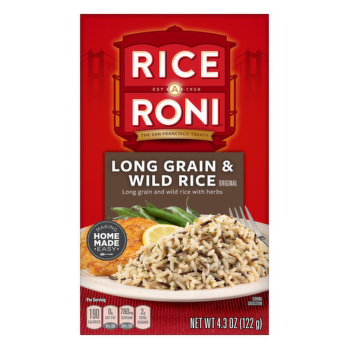 Long grain and wild rice with herbs. Per Serving: 190 calories, 0 g sat fat (0%DV), 780 mg sodium (34%DV), 2 g total sugars. Est 1958. The San Francisco treat. Making homemade easy. Package contains empty space to accommodate grain to seasoning ratio. This package is sold by weight, not by volume. Contents during shipping and handling. Quality guarantee. ricearoni.com. SmartLabel: Scan for more food information. 1-800-421-2444 Call for more food information. We're here to help. ricearoni.com or 800-421-2444. Please have package available when calling. Find more ideas at ricearoni.com/recipes. Pasta Roni Angel Hair Pasta with Herbs. Try Pasta Roni for another easy homemade meal.