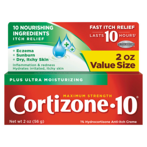 10 nourishing ingredients. Itch relief. Eczema. Sunburn. Dry, itchy skin. Inflammation & redness. Hydrates irritated, itchy skin. Last 10 hours (When use as directed). No. 1 Itch Medicine (Refers to the ingredient hydrocortisone): Doctor recommends. Plus ultra moisturizing. Anti-itch creme. Soothes itch fast.