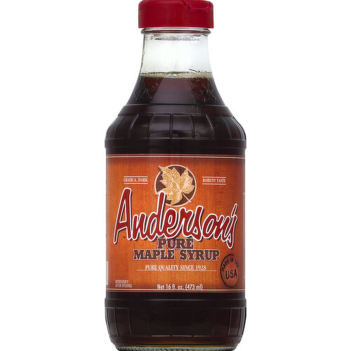 Grade A, dark. Robust taste. Pure quality since 1928. This is pure maple syrup. So what does that mean? Pure maple syrup means just that - 100% pure maple syrup made from all natural maple sap and nothing more. Yes, it's that simple. For over 80 years, our family tradition has been to harvest maple sap each spring. We carefully cook it long into the night until all that remains is rich, sweet, pure maple syrup. We bottle it and deliver it to your favorite store for you to purchase and enjoy. In fact, this bottle was likely prepared for you by Steven Anderson, the third generation to carry on the Anderson family tradition. This means that each and every time you pour Anderson's Pure Maple Syrup, you can be absolutely confident that you will be enjoying 100% pure maple syrup. It's that simple. This is our continuing promise to you and your family. Please enjoy! - The Anderson Family. www.andersonsmaplesyrup.com. Made in the USA.