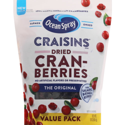 No artificial flavors or preservatives. Gluten free. Peanut free. No artificial preservatives. Good source of fiber. 1 serving Craisins Dried Cranberries meets 25% of your daily recommended fruit needs (Each 1/4 cup serving of Craisins Dried Cranberries provides 1/2 cup of fruit. The USDA My Plate recommends a daily intake of 2 cups of fruit for a 2,000 calorie diet). ChooseMyPlate.gov. New look. 100% North American cranberries. Farmer owned. Refined sunflower oil is used as a processing aid. Farmer owned since 1930. craisinsrecipe.com. how2recyle.info.  Visit us at craisinsrecipes.com for recipes & ideas. Questions/comments? 1-800-662-3263. Resealable.