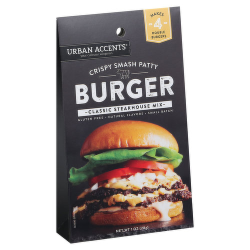 Classic steakhouse mix. Natural flavors. Gluten free. Makes 4 double burgers. Your culinary wingman. Small batch. Savory. Garlicky. Delicious. Get smashed! Indulge in this diner classic. urbanaccents.com. Urbanaccents.com. We've got your back in the kitchen. Get tips, videos and delish recipes from your culinary wingman.
