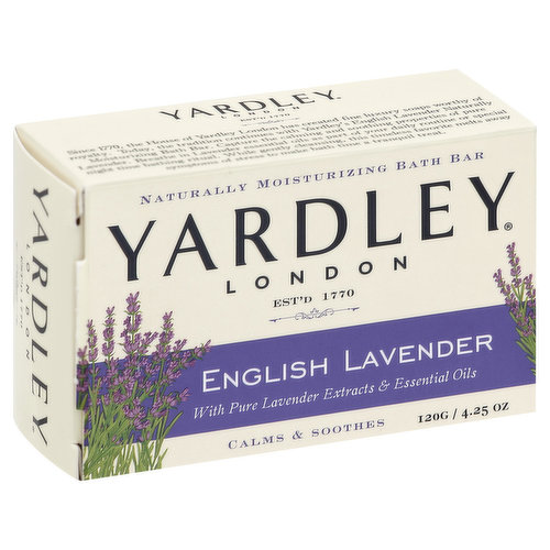 Naturally moisturizing bath bar. With pure lavender extracts & essential oils. Est. 1770. Calms & soothes. All Yardley naturally moisturizing bath bars are paraben free & sodium lauryl sulfate free. 100% recyclable packaging. Not tested on animals. If you have questions or comments, please call toll-free 1-877-995-5405. www.YardleyLondon.com. Since 1770, the House of Yardley London has created fine luxury soaps worthy of royalty, Today, the tradition continues with Yardley's English Lavender Naturally Moisturizing Bath Bar. Capture the calming and soothing properties of pure Lavender. Breathe in lavender essential oils as part of your daily routine or special night time bathing ritual. While gently cleansing, this timeless favorite melts away symptoms of stress to make bath time a tranquil treat. Made in USA.