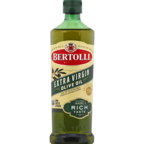 Non GMO Project verified. nongmoproject.org. World's No. 1 - olive oil brand. Ideal for salad dressings, marinades and bread dipping. First cold pressed. Acidity max. 0.3%. Bertolli Extra Virgin Olive Oil contains 0.3% max. acidity, one aspect of our high quality standards. Learn more in essentials.bertolli.com. World's No. 1 Olive Oil brand. Euromonitor. retail values sales. bertolli.com. 1-800-908-9789 or visit bertolli.com. Country of Origin (AR: Argentina, CL: Chile, Gr: Greece, IT; Italy, MA: Morocco, PE: Peru, PT: Portugal, TN: Tunisia).