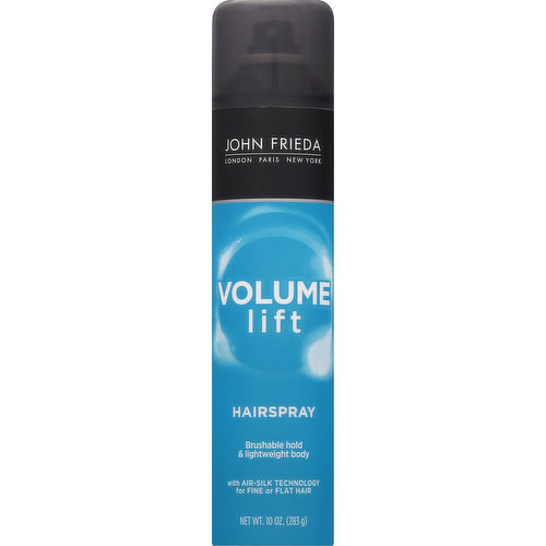 Brushable hold & lightweight body. With air-silk technology for fine or flat hair. For long-lasting hold & fullness. Formulated with air-silk technology, our ultra-fine mist holds your volume in place without the heavy feel. www.johnfrieda.com. For further information, visit www.johnfrieda.com or call 1-800-521-3189 (USA), 1-800-468-318 (AU). Made in USA of US & imported ingredients.