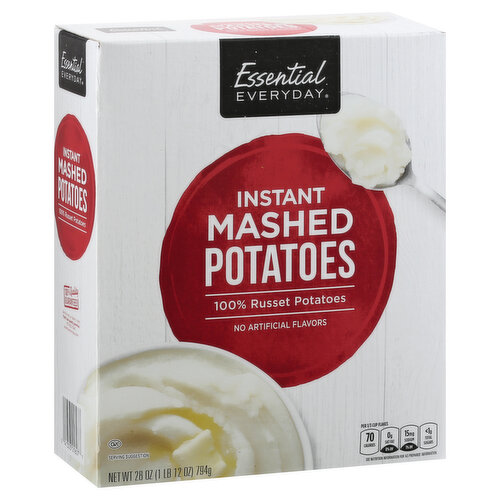 100% russet potatoes. No artificial flavors. Per 1/3 Cup Flakes: 70 calories; 0 g sat fat (0% DV); 15 mg sodium (1% DV); less than 1 g total sugars. Contains bioengineered food ingredients. Great products at a price you'll love - that's Essential Everyday. Our goal is to provide the products your family wants, at a substantial savings versus comparable brands. We're so confident that you'll love Essential Everyday, we stand behind our products with a 100% satisfaction guarantee. 100% Quality Guaranteed: Like it or let us make it right. That's our quality promise. essentialeveryday.com.
