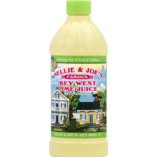 The original. Celebrating over 45 years of excellence. Famous. From concentrate. Nellie's favorite uses: Tropical cocktails; soups - sauces; marinades; salads; natural cleanser (kills germs and odors). 1-800-546-3743 or email. For more information visit www.keylimejuice.com. A Key West tradition. The distinctive flavor of our Famous Key West Lime Juice has long been the favorite choice to make the best key lime pie. Now try our juice as an easy and delicious marinade for seafood, meat & poultry; as the ideal bar mix for tropical cocktails, and in any recipe that calls for fresh squeezed lemon or lime.