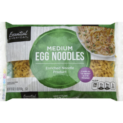 Enriched egg noodle product. Per 1 Cup Dry: 210 calories; 0.5 g sat fat (3% DV); 10 mg sodium (0% DV); 2 g total sugars. Cooks to al dente in 7-8 minutes. Great products at a price you'll love - that's Essential Everyday. Our goal is to provide the products your family wants, at a substantial savings versus comparable brands. We're so confident that you'll love Essential Everyday, we stand behind our products with a 100% satisfaction guarantee. 100% quality guaranteed. Like it or let us make it right. That's our quality promise. supervaluprivatebrands.com.
