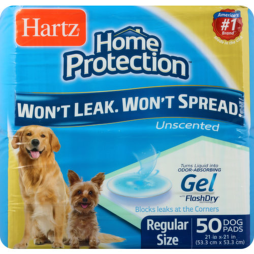21 in x 21 (53.3 cm x 53.3 cm). America's no. 1 brand (Based on IRI Scan Data, total US multi outlet). Won't leak. Won't spread. Turns liquid into odor-absorbing gel with flashdry technology. Blocks leaks at the corners. Perfect for all dogs, puppies to adults! The pet people since 1926. Hartz dog pads provides 6 layers of protection to ensure no leaking or spreading. Top Sheet Quickly Traps Liquid: Prevents wet paws tracking and runoffs. Ultra Absorbent Layer: No spreading allows for multiple uses per pad. Flashdry Technology Gel: Instantly turns liquid to gel to lock in moisture & odors. Heavy Duty Bottom Layer: For strength and durability. Water-Proof Plastic Backing: Blocks leaks, even at the corners to protect floors. Hartz Dog Pads can be used daily for: Dogs home alone. Ailing, incontinent or senior dogs. Lining crats and carriers. Drying wet, muddy paws and fur. Protecting car seats. www.hartz.com. Facebook: www.facebook.com/HartzPets. Like us on Facebook for access to great products giveaways, useful pet tips, fun pet facts, and news about our 1,500 products! Want more tips? www.hartz.com. Call our experts at 1-800-275-1414. Also available in XL, XXL & Lavender scent. Made in USA (Made in the USA of US & imported materials for the Hartz Mountain Corporation, 400 Plaza Drive, Secaucus, NJ 07094).