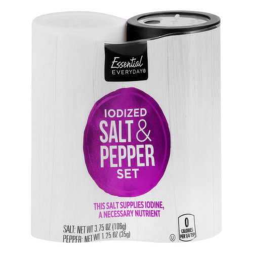 Salt Net Wt: 3.75 oz (106 g). Pepper Net Wt: 1.25 oz (35 g). 0 calories per 1/4 tsp. This salt supplies iodine, a necessary nutrient. Black pepper supplies an insignificant amount of nutrients. For iodized salt see nutrition below. 100% quality guaranteed. Like it or let us make it right. That's our quality promise. 877-932-7948; essentialeveryday.com.