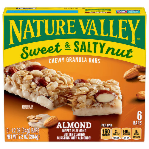 Sweet. Salty. Adventure-Ready. Our Sweet & Salty bars come in both originals and minis, so you can pick the perfect amount of savory sweetness. This tasty snack bar provides a perfect balance of savory nuts and sweet granola. Stock up for a breakfast bar, an office snack or an on-the-go treat the whole family can enjoy! A portable snack perfect for the pantry, lunch box, and hiking trail. At Nature Valley, we believe that what you put in is what you get out. So when you need to be great out there, you can rely on us for real energy, wherever and whenever you need it. Energy you can depend on. Contains 6 bars in total.