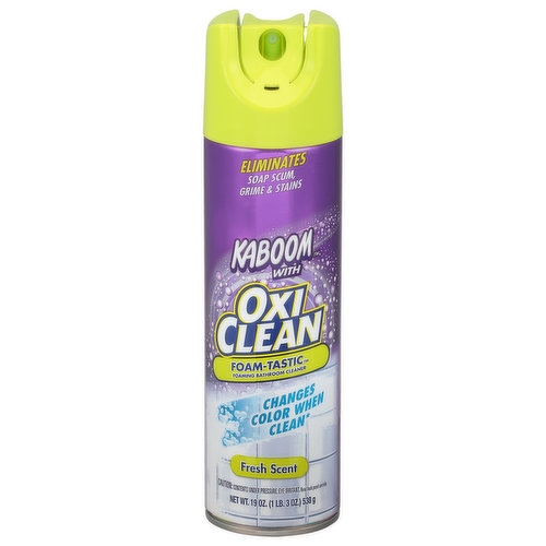 Change color when clean (When the foam turns white, just wipe and rinse to reveal a brilliant shine. Cleans with a fresh scent and no hard scrubbing!). With the power of Oxi Clean Stain Fighters. Sprays on blue. Turns white when clean (When the foam turns white, just wipe and rinse to reveal a brilliant shine. Cleans with a fresh scent and no hard scrubbing!). Sink. Tub. Shower. Kaboom Foam-Tastic takes the guesswork out of cleaning! Spray on the penetrating blue foam, and OxiClean Stain Fighters go to work on contact, breaking up soap scum and hard water slains. Removes: Soap scum, dirt, hard water stains, calcium, lime, grease and grime. Deodorizes: With a fresh, clean scent. Use on: Tubs, glazed ceramic tile, fiberglass, shower doors and vind curtains, sinks, counter tops and chrome fixtures. Certified Renewable Energy. Green-E: Made with 100% certified renewable electricity. No CFCs: Contains no CFCs which deplete the ozone layer. Federal regulations prohibit CFC propellants in aerosols.