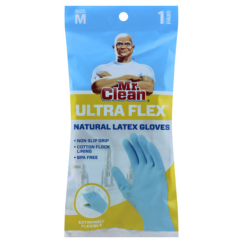 Mr. Clean Gloves, Natural Latex, Ultra Flex, Size M