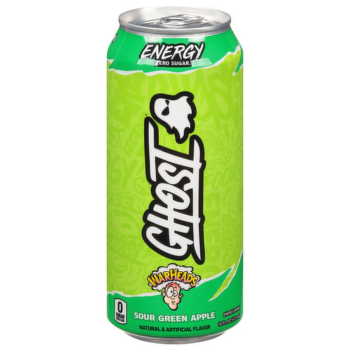 Ghost Energy Drink, Zero Sugar, Sour Green Apple, Warheads
