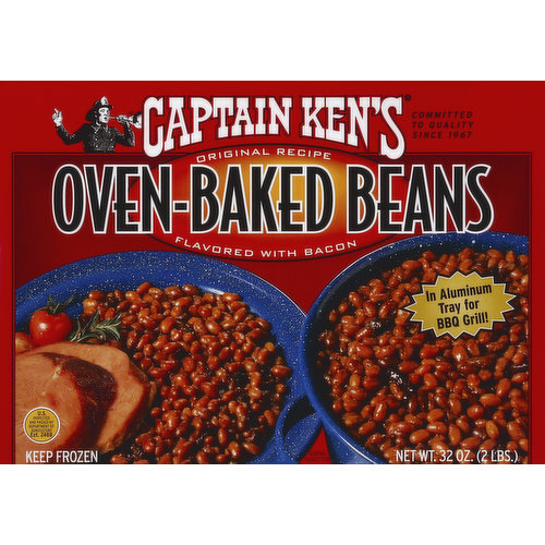 Flavored with bacon. Committed to quality since 1967. In aluminum tray for BBQ grill! US inspected and passed by Department of Agriculture. The story of Captain Ken's. Great foods sometimes originate in unlikely places. In fact, Fire Captain Ken Freiberg developed his unique Firehouse Baked Beans (later renamed Original Recipe Oven-Baked Beans) while on duty at Firehouse Number 14 in Saint Paul, Minnesota. Today, his famous recipe of the very finest navy beans, real bacon, imported molasses, rich brown sugar, and a select blend of spices is still oven-baked long hours in oven kettles. This homemade flavor is locked in with a unique freezing process, producing a hearty taste not found in any canned baked bean. Delicious homemade flavor! Prepared with only the best ingredients, these beans are cooked using a slow oven-baked process that has made Captain Ken's baked beans famous for over 40 years! Fully cooked. Just heat and eat! www.captainkens.com.