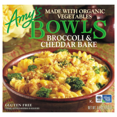 Microwave or regular oven. From our home to yours. Some call it rotini, some call it fusilli, but once you've tasted this tender rice pasta in its creamy Cheddar sauce made with aged English Cheddar, you'll call it delicious. And with crisp organic broccoli florets and gluten free toasted bread crumbs added for flavor and crunch, you'll find that this dish is one that will satisfy your whole family. At Amy's, free from gluten does not mean free from flavor. So enjoy! Family owned since 1987: After the birth of our daughter Amy in 1987, we found there was little time to prepare the quality homemade food we normally ate. Realizing there were others like ourselves, we started Amy's Kitchen to prepare delicious meals for those who care about the food they eat but are often too busy to cook. We use only the finest ingredients and prepare them with the same careful attention in our kitchen as you would in your own home. No meat, fish, shellfish, poultry, eggs or peanuts are ever used in any Amy's products.