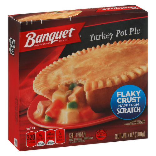 Per 1 Pie: 320 calories; 6 g sat fat (30% DV); 740 mg sodium (32% DV); 3 g total sugars. Since 1953. Flaky crust made from scratch. Must be cooked thoroughly. See back for diirections. Inspected for wholesomeness by U.S. Department of Agriculture. www.banquet.com. how2recycle.info. SmartLabel: Scan or call 1-800-257-5191 for more food information. Questions or comments, visit us at www.banquet.com or call 1-800-257-5191. Made in USA. Proudly made in the USA.