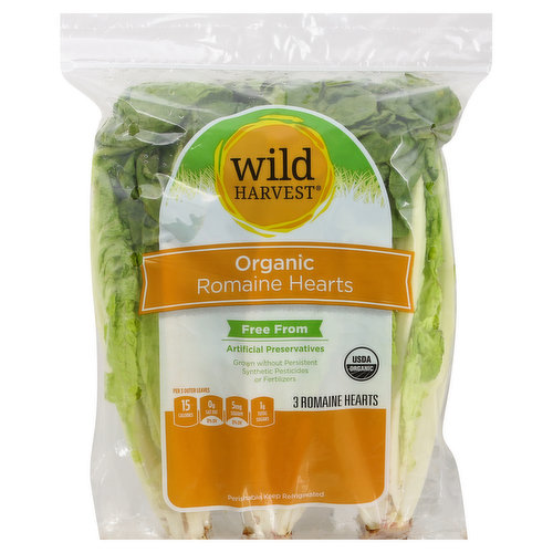 Per 3 Outer Leaves:15 calories; 0 g sat fat (0% DV); 5 mg sodium (0% DV); 1 g total sugars. USDA Organic. Certified Organic by CCOF. Free from artificial preservatives. Grown without persistent synthetic pesticides or fertilizers. 100% quality guaranteed. Like it or let us make it right. That’s our quality promise. 877-932-7948; mywildharvest.com. mywildharvest.com. To learn more about Wild Harvest products, including our full line of organic products, and for more recipes. Please visit www.mywildharvest.com. Produce of Mexico.