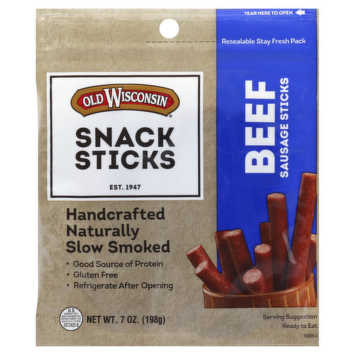 Handcrafted. Naturally slow smoked. Good source of protein. Gluten free. US inspected and passed by Department of Agriculture. Ready to eat. Est. 1947. Resealable stay fresh pack. Gluten free. If you have any questions regarding this product, call 1-877-451-7988 or visit our website at www.oldwisconsin.com (Please have package available when calling).