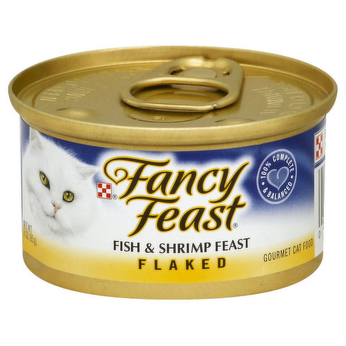 100% complete & balanced. Aluminum recyclable. Fancy Feast Flaked Fish & Shrimp Feast is formulated to meet the nutritional levels established by the AAFCO Cat Food Nutrient Profiles for all life stages. Calorie content (calculated) 845 kcal/kg; 72 kcal/can. Please recycle. Purina.com. Printed in USA. Product of Thailand.