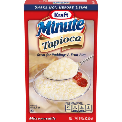 Kraft Minute Tapioca is an easy to make, quick cooking tapioca dessert. Perfect for any occasion that requires a fast and delicious dessert, this tapioca pudding powder delivers the classic sweet flavor and creamy texture you know and love. Minute Tapioca is a wonderful alternative to other desserts, and it's a great choice for kids and adults. Enjoy tapioca pudding on its own, or try using it as a deliciously rich and creamy tapioca pie filling. This box of tapioca pudding mix comes sealed until you're ready to enjoy, and one 8 ounce box makes 38 servings so you can prepare enough for the whole family.