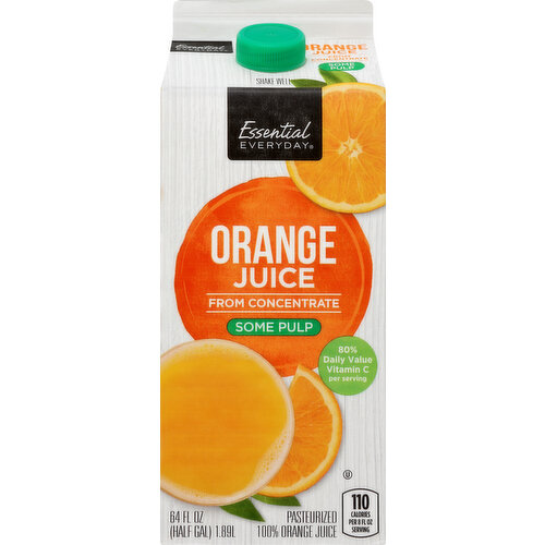 Orange juice from concentrate. 120 calorier per 8 fl oz serving. Gluten free. 90% daily value vitamin C per serving. Pasteurized. 100% orange juice. 100% Quality Guaranteed: Like it or let us make it right. That's our promise. Great products at a price you'll love - that's Essential Everyday. Our goal is to provide the products your family wants, at a substantial savings versus comparable brands. We're so confident that you'll love Essential Everyday, we stand behind our products with a 100% satisfaction guarantee. essentialeveryday.com. Contains orange juice concentrate from USA, Brazil, and/or Mexico.
