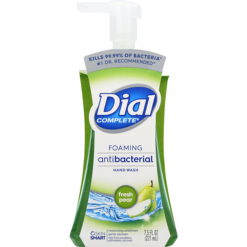 Kills 99.99% of bacteria (Encountered in household settings). No. 1 dr. recommended (Antibacterial hand soap). Skin smart. Moisturizing conditioners. Gentle cleansers. Free from parabens, phthalates, silicones. Refill only with dial complete foaming hand wash. Kills more bacteria than ordinary liquid hand soap. Others (Dramatization only: Number of organisms shown does not reflect actual number of bacteria): After washing with other ordinary hand soap. Dial Complete (Dramatization only: Number of organisms shown does not reflect actual number of bacteria): After washing with Dial Complete foaming antibacterial hand wash. www.dialsoap.com. how2recycle.info. SmartLabel app enabled. Question? 1-800-258-Dial (3425).