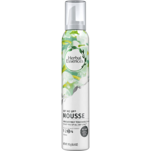 Irresistibly touchable strong to set you up all day long. With lily of the valley essences. All Day: Humidity protection & frizz control. Incredible fragrances. Irresistible style. Herbal essences. Potent pleasure for all your senses. Whip us a luscious style. This extra hold mousse has the strength to help your look go on, all day long. With a dollop of mousse and our dewy Lilly of the Valley fragrance, you're all set. www.herbalessences.com. Questions? 1-855-236-3327. www.herbalessences.com. Made in USA of US and/or imported ingredients.