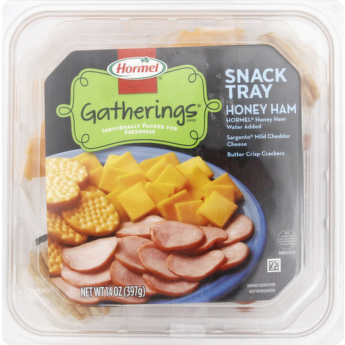 Hormel Honey Ham: water added. Sargento Mild Cheddar Cheese. Butter Crisp Crackers. Individually packed for freshness. US inspected and passed by Department of Agriculture. Since 1891. Visit www.hormel.com. 1-800-523-4635.