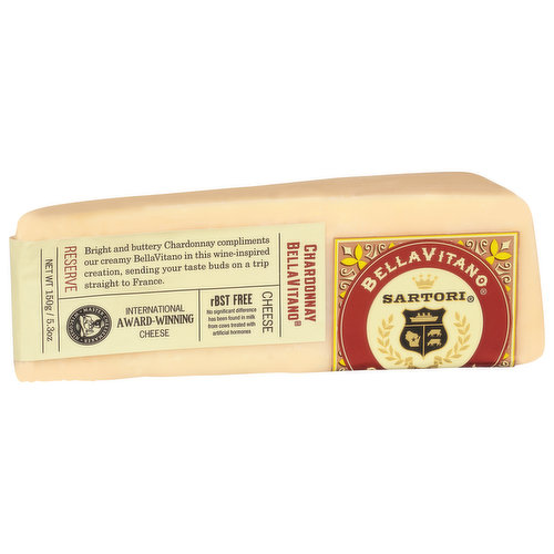 Sartori - 1939. Reserve. Bright and buttery Chardonnay compliments our creamy Bellavitano in this wine-inspired creation, sending your taste buds on a trip straight to France. rBST Free: No significant difference has been found in milk from cows treated with artificial hormones. The Sartori family is dedicated to making the best cheese in the world. We thank our great dairy-farming families in Wisconsin for sharing their premium milk with our expert cheesemakers since 1939.