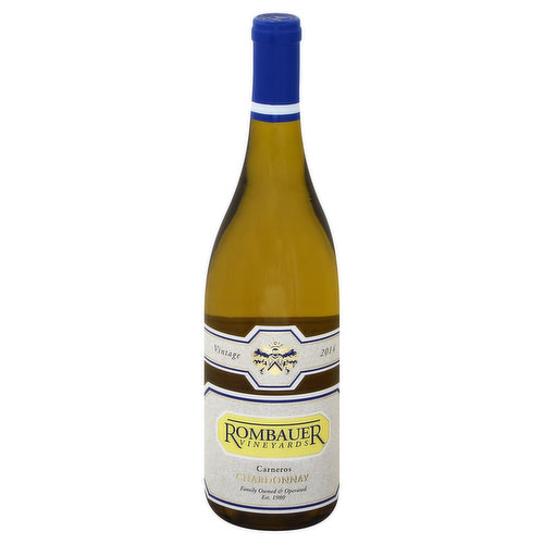 Vintage 2014. Family owned & operated. Est. 1980. Chardonnay has been in our portfolio of wines since 1982. From night harvesting to barrel fermentation and aging to twice-monthly lees stirring, we aim to produce a wine that balances rich flavors, creamy texture and mouth-watering acidity. Like all of our wines, this Chardonnay is a reflection of our belief that the Joy of Wine lies in the pleasure of sharing it with family and friends. www.rombauer.com. Produced and bottled by Rombauer Vineyards Napa, CA. Alcohol 14.5% by volume.