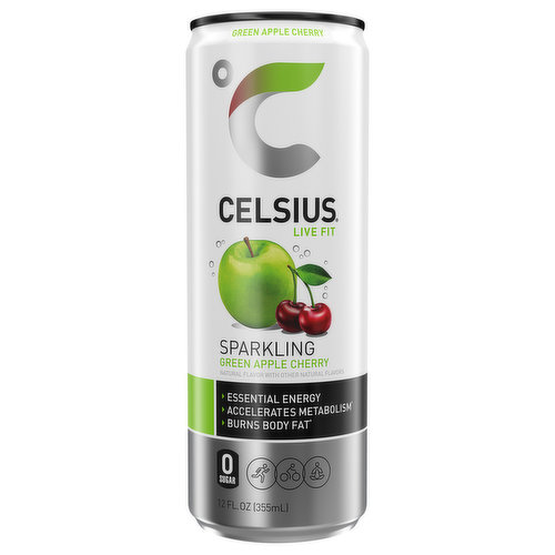 Celsius Live Fit Energy Drink, Green Apple Cherry, Sparkling