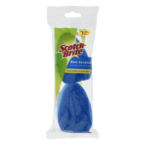 Scrubber refills. No. 1 selling dishwand brand. Keeps hands out of the mess! Non-scratch blue web for most household surfaces.  Scotch-Brite.com. Questions? 1-800-846-8887. Made in Canada for 3M with globally sourced materials.