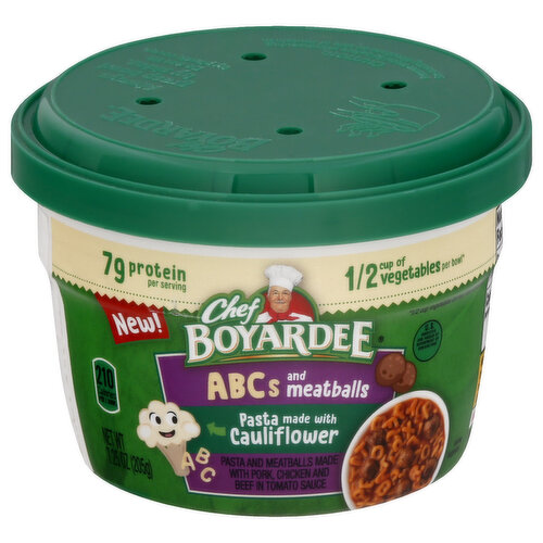 Pasta and meatballs made with pork, chicken and beef in tomato sauce. No artificial flavors. 210 calories per 1 bowl. 7 g protein per serving. Pasta made with cauliflower. New! 1/2 cup of vegetables per bowl (1/2 cup vegetables derived from tomatoes). No artificial colors. US inspected and passed by Department of Agriculture. www.chefboyardee.com. how2recycle.info. Smartlabel: Scan or call 1-800-544-5680 for more food information. Questions or comments, visit us at www.chefboyardee.com or call 1-800-544-5680.