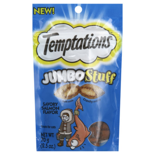 Soft inside. Crunchy outside. New! 2 calories per treat. 100% nutritionally complete & balanced for adult maintenance. Jumbo stuff savory salmon flavor. I didn't even know it was possible, but Temptations Jumbo Stuff Cat Treats are bigger than classic Temptations Cat Treats - that means more of the irresistible filling that I love! I've traveled the ocean, home to tens of thousands of species of tasty, succulent fish, all the way north to the home of the most delectable salmon. Land me some Temptations Jumbo Stuff Savory Salmon Flavor cat treats already! For more feline fun, visit temptationstreats.com. Just shake the pack and they'll come running! Temptations Jumbo Stuff Savory Salmon Flavor Cat Treats are formulated to meet the nutritional levels is established by the AAFCO cat food nutrients profiles for adult maintenance. Stay fresh pouch. Calorie Content (calculated): 4060 kcal ME/kg, 346 kcal ME/cup. Questions or comments? 1-800-525-5273. Made in Canada.