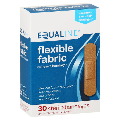 30 sterile bandages. 3/4 inches x 3 inches (19 mm x 76 mm). Compare to Band-Aid bandages (This product is not manufactured or distributed by Johnson & Johnson Corp., Owner of the registered trademark Band-Aid). Flexible fabric stretches with movement. Absorbent non-stick pad. Long lasting adhesive. Not made with natural rubber latex. 100% Quality guarantee. Like it or let us make it right. That’s our quality promise. 877-932-7948, supervaluprivatebrands.com. supervaluprivatebrands.com. Please recycle. Made in China.