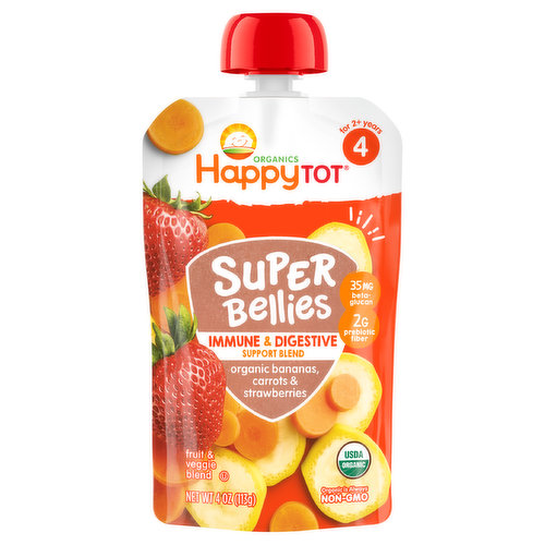 HappyTot Organics Fruit & Veggie Blend, Organic Bananas, Carrots & Strawberries, Super Bellies, Immune & Digestive Support Blend, 4 (2+ Years)