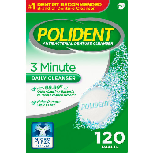 No 1 dentist recommended. Brand of denture cleanser. 3 minute. Daily cleanser. Kills 99.99% of odor-causing bacteria to help freshen breath (soaking only, in laboratory tests). Fight bacteria buildup (with regular use) for fresh confidence. Helps remove stains fast. Micro clean formula. When clean with polident instead to toothpaste? Dentures are about 10x softer than natural teeth. Toothpaste contains abrasives that can scratch the denture surface. Bacteria, which can cause odor, can grow in the those scratches. Unlike toothpaste, Polident MIcroClean formula kills 99.99% of odor-causing bacteria in just 3 minutes (soaking only, in laboratory tests). The Polident microclean formula works in 3 ways: Kills odor-causing bacteria. Cleans without scratching. Remove stains. Denture hygiene is an important part of good oral health. Use Polident with your dentures instead of toothpaste everyday. 3 minute triple mint freshness. Questions or comments? Call toll-free 1-866-844-2796. Use Super poligrip and Polident every day. Use super poligrip denture adhesive cream every day to help seal out food particles so you are more comfortable & confident while you eat. Use Polident denture cleanser microclean formula as directed every day to help remove tough stains and kill 99.99% of odor-causing bacteria. Removes stains fast. Deep cleans tough stains. Cleans tough tobacco stains.