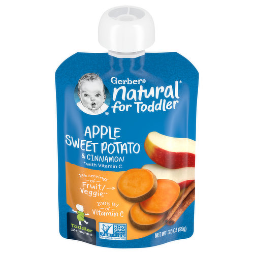 Natural (with vitamin C) for toddler. Gerber natural for toddler brings the goodness of naturally nutritious fruits & veggies selected and made with strict quality standards just for toddlers. No added sweeteners, colors or flavors. 2/3 apple. 2 tsp sweet potato in each pouch.